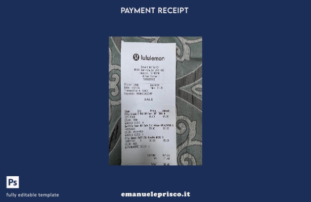 modello di ricevuta di pagamento del negozio Lululemon USA in stile verificato